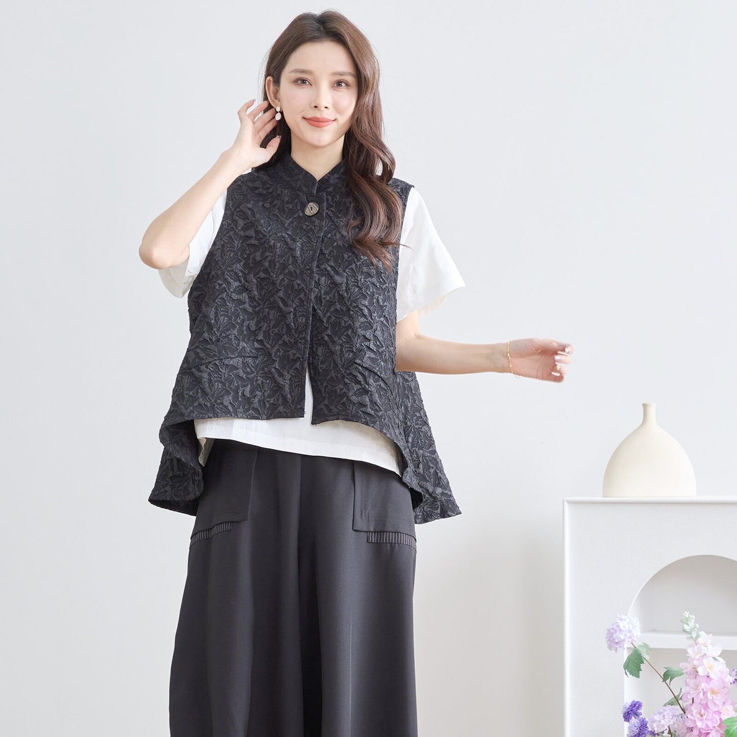 【N33-015|L〜LL対応】エレガンス フクレジャカードベスト|上品シルエットのワンボタンジャケット