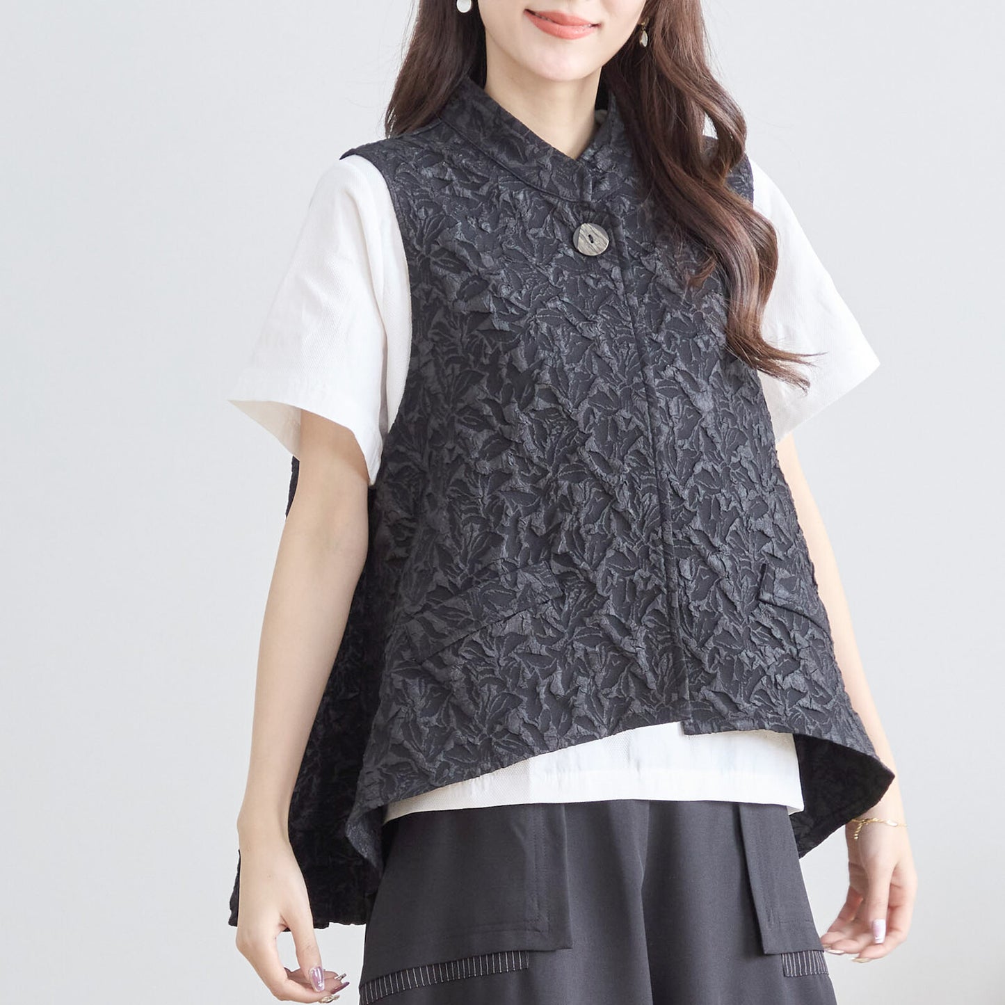 【N33-015|L〜LL対応】エレガンス フクレジャカードベスト|上品シルエットのワンボタンジャケット