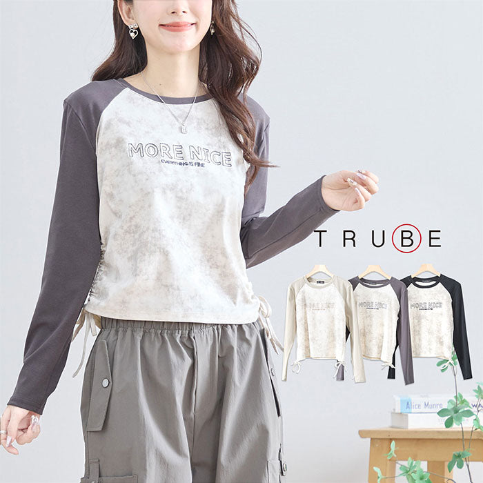 【M〜L】英字刺繍プリント ラグランスリーブ ドローストリング長袖カットソー|TRUBE N12-208