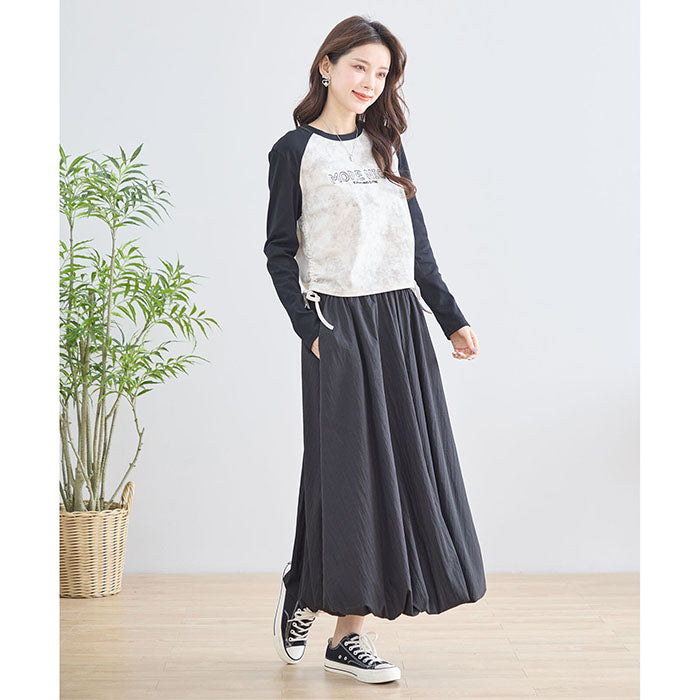 【M〜L】英字刺繍プリント ラグランスリーブ ドローストリング長袖カットソー|TRUBE N12-208