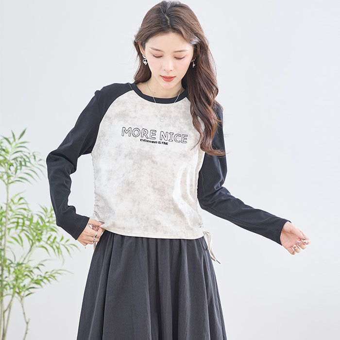 【M〜L】英字刺繍プリント ラグランスリーブ ドローストリング長袖カットソー|TRUBE N12-208