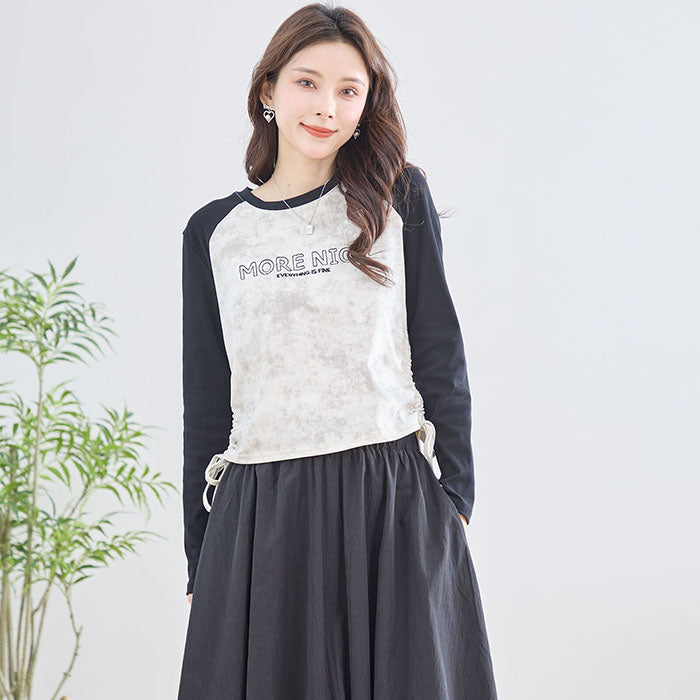 【M〜L】英字刺繍プリント ラグランスリーブ ドローストリング長袖カットソー|TRUBE N12-208