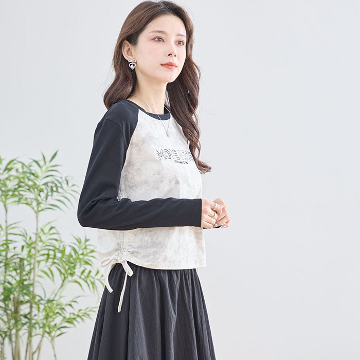 【M〜L】英字刺繍プリント ラグランスリーブ ドローストリング長袖カットソー|TRUBE N12-208