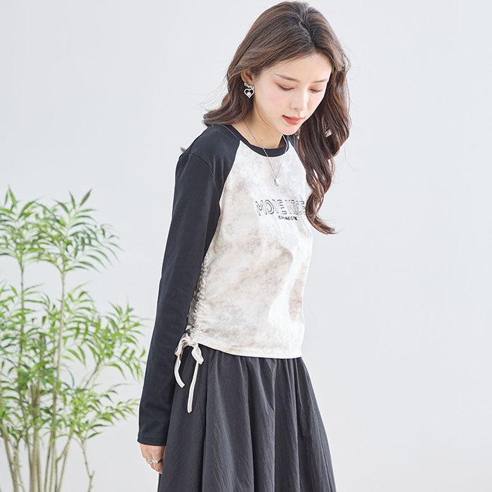 【M〜L】英字刺繍プリント ラグランスリーブ ドローストリング長袖カットソー|TRUBE N12-208