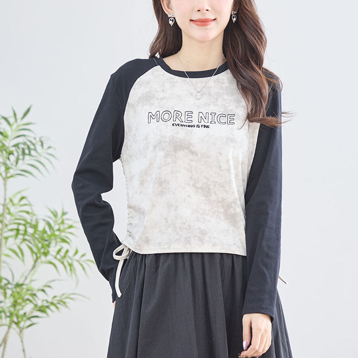 【M〜L】英字刺繍プリント ラグランスリーブ ドローストリング長袖カットソー|TRUBE N12-208
