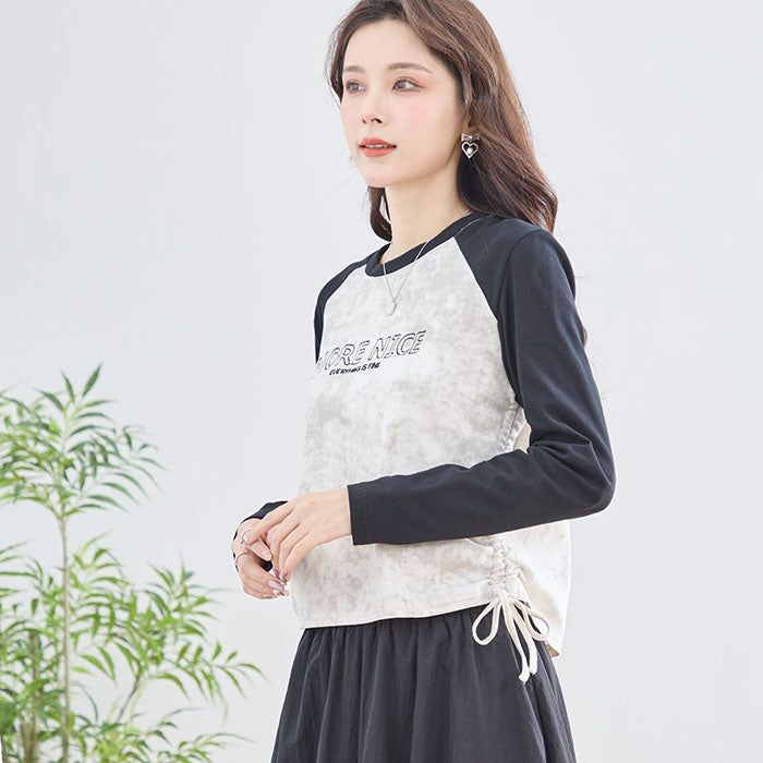 【M〜L】英字刺繍プリント ラグランスリーブ ドローストリング長袖カットソー|TRUBE N12-208