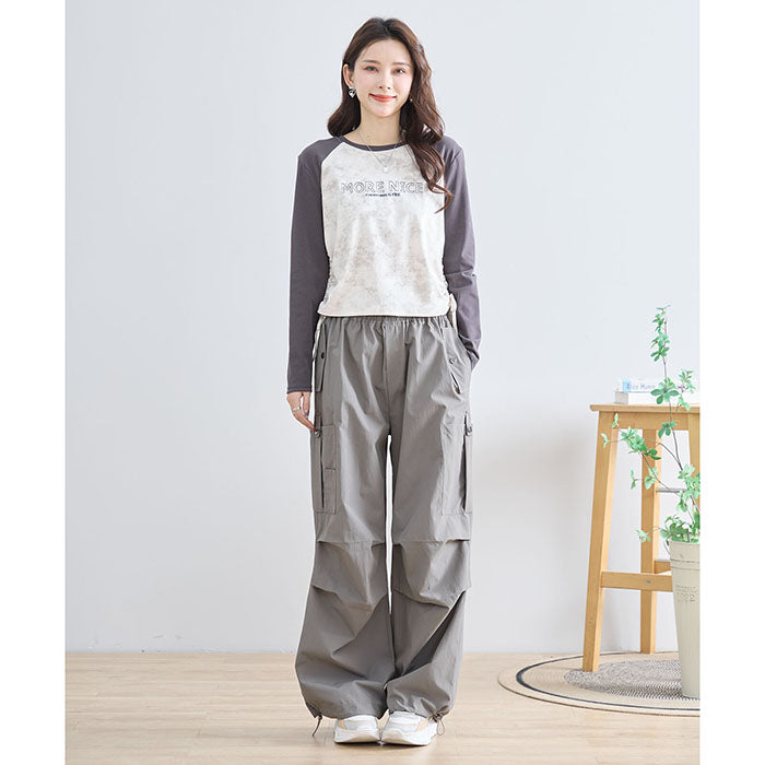 【M〜L】英字刺繍プリント ラグランスリーブ ドローストリング長袖カットソー|TRUBE N12-208