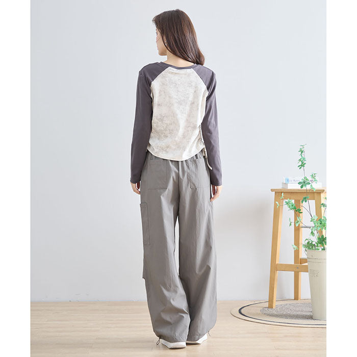 【M〜L】英字刺繍プリント ラグランスリーブ ドローストリング長袖カットソー|TRUBE N12-208