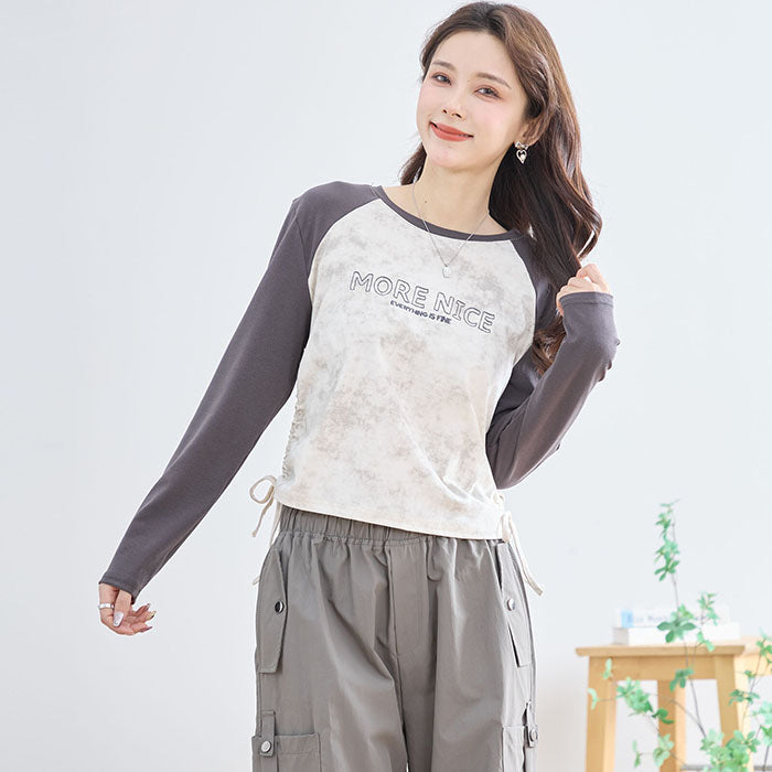 【M〜L】英字刺繍プリント ラグランスリーブ ドローストリング長袖カットソー|TRUBE N12-208