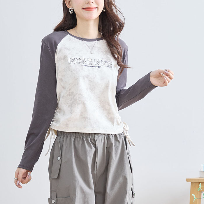 【M〜L】英字刺繍プリント ラグランスリーブ ドローストリング長袖カットソー|TRUBE N12-208