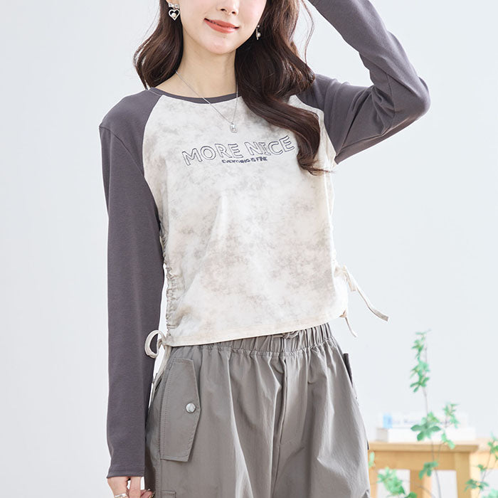 【M〜L】英字刺繍プリント ラグランスリーブ ドローストリング長袖カットソー|TRUBE N12-208