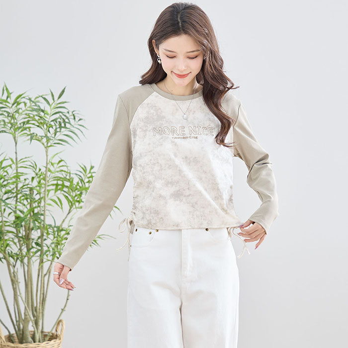 【M〜L】英字刺繍プリント ラグランスリーブ ドローストリング長袖カットソー|TRUBE N12-208