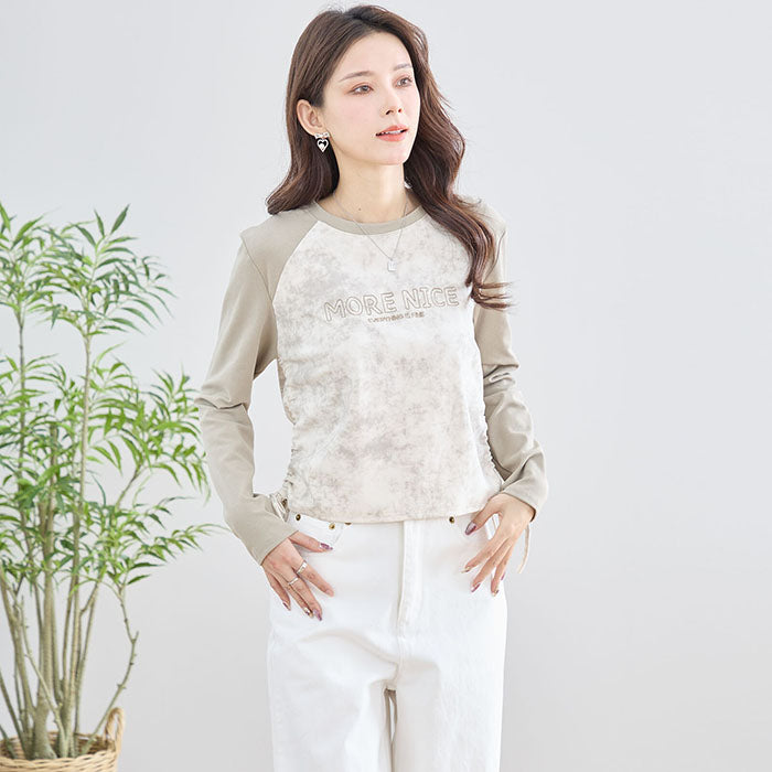 【M〜L】英字刺繍プリント ラグランスリーブ ドローストリング長袖カットソー|TRUBE N12-208