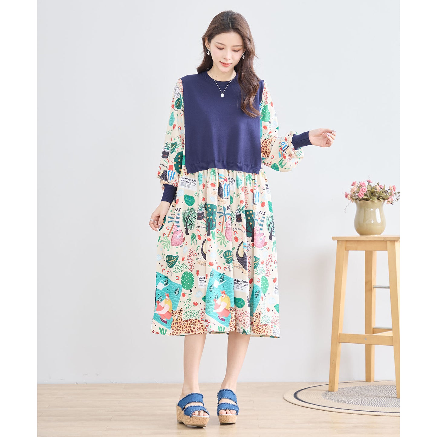 【M〜L】レイヤード風 POPプリント ワンピース (N83-094) (5号店)