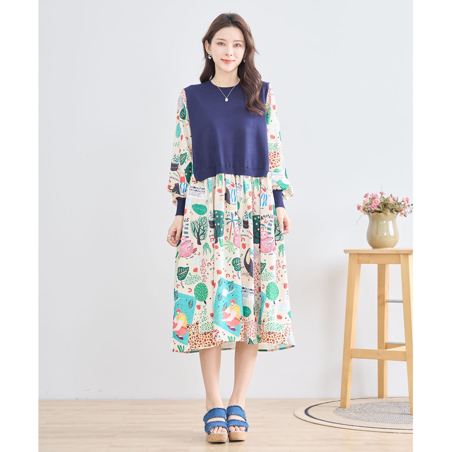 【M〜L】レイヤード風 POPプリント ワンピース (N83-094) (5号店)