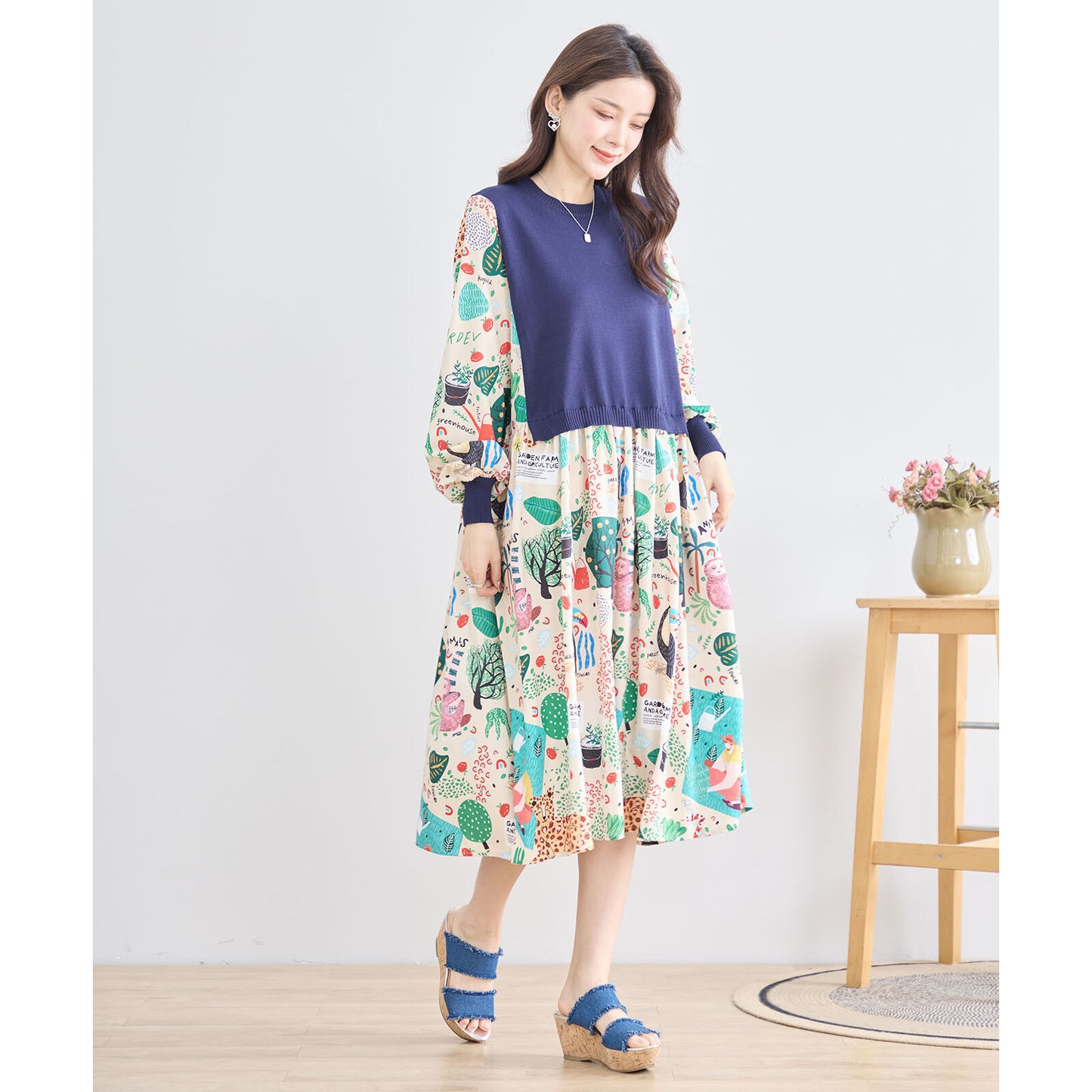 【M〜L】レイヤード風 POPプリント ワンピース (N83-094) (5号店)