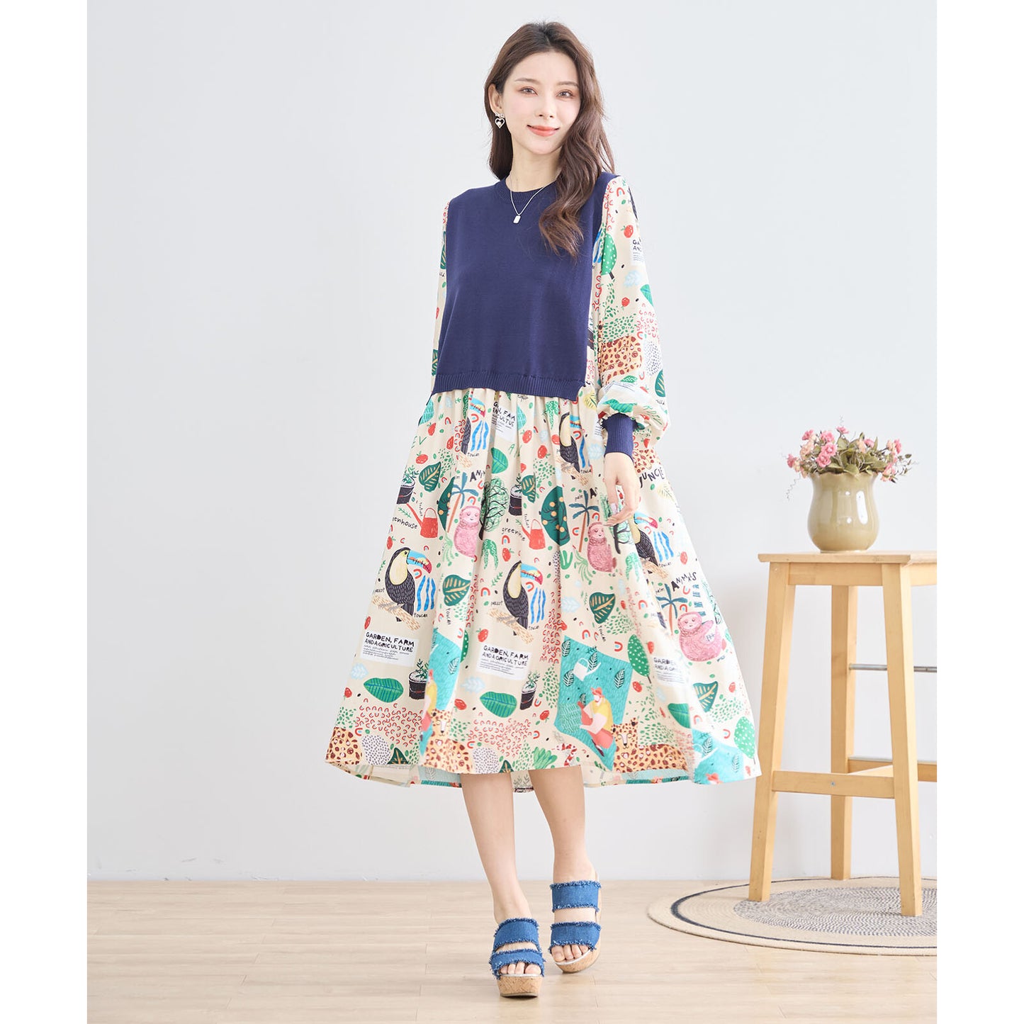 【M〜L】レイヤード風 POPプリント ワンピース (N83-094) (5号店)