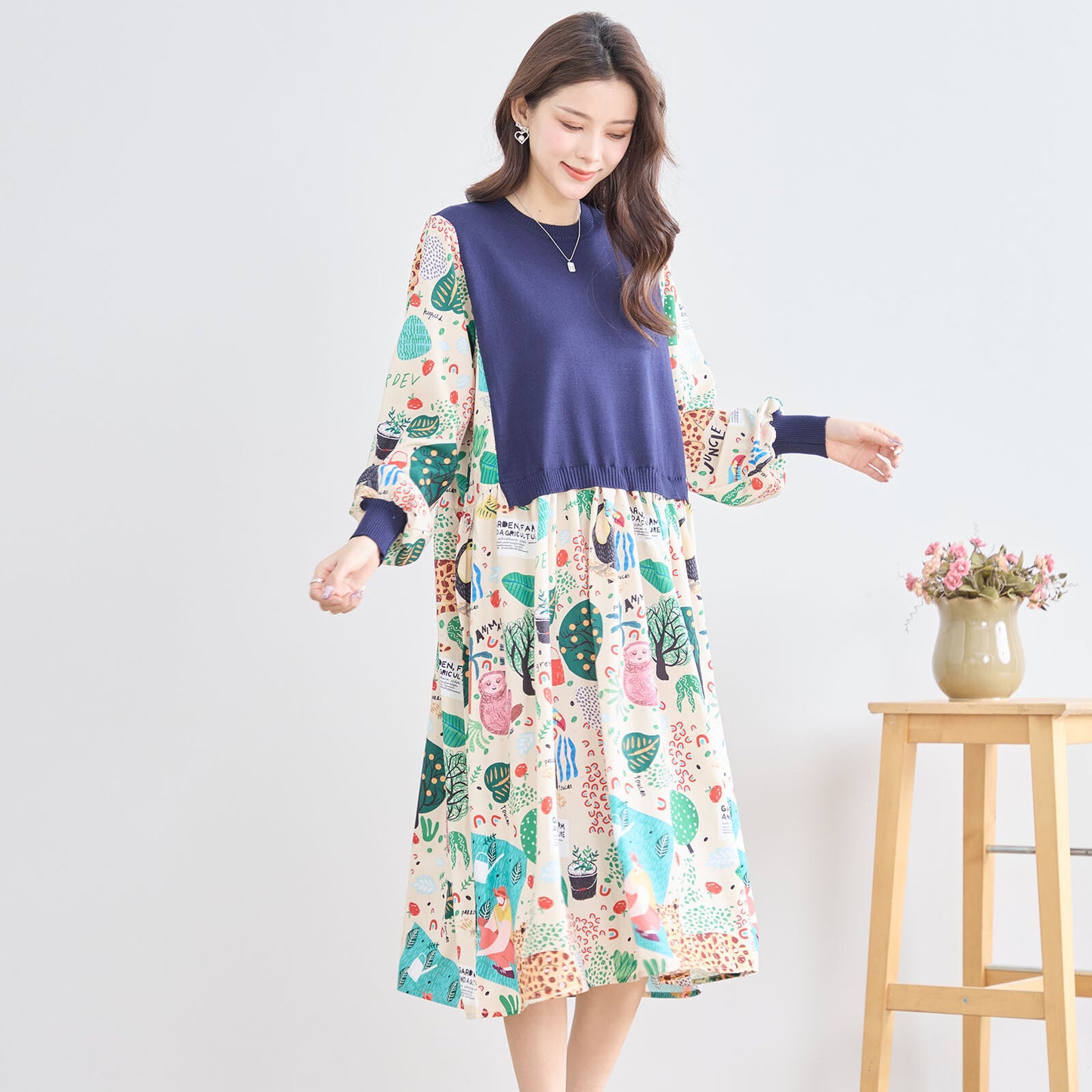 【M〜L】レイヤード風 POPプリント ワンピース (N83-094) (5号店)