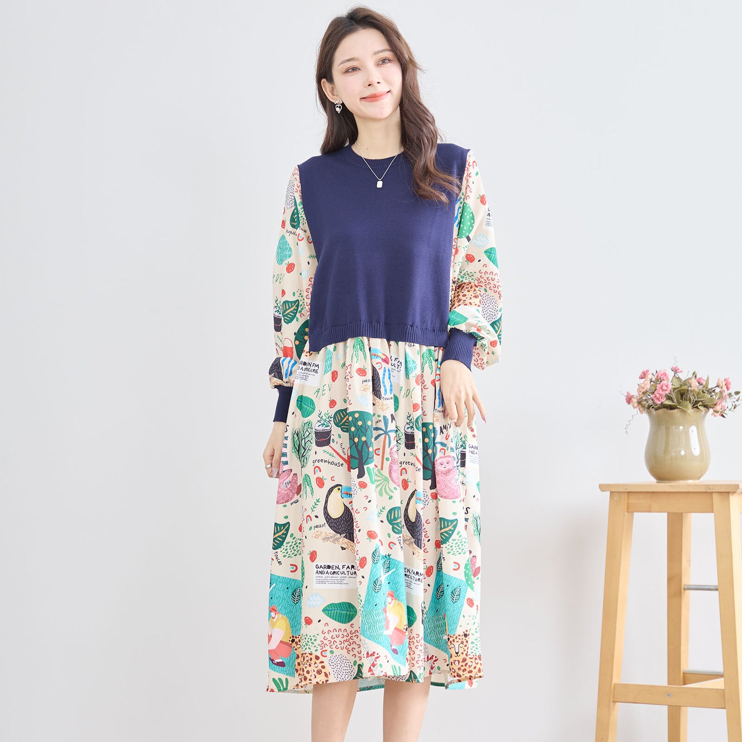 【M〜L】レイヤード風 POPプリント ワンピース (N83-094) (5号店)