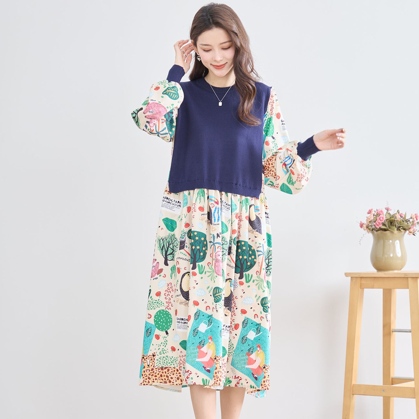 【M〜L】レイヤード風 POPプリント ワンピース (N83-094) (5号店)