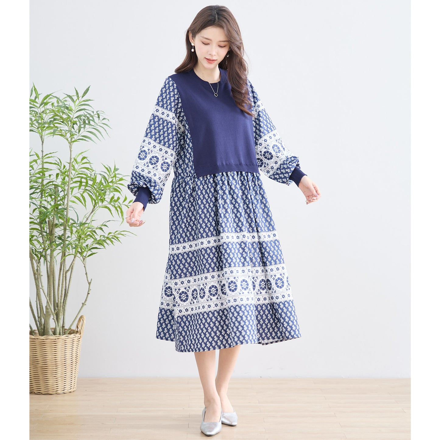 【M〜L】ニット切替 プリント デザイン ワンピース (N83-081)