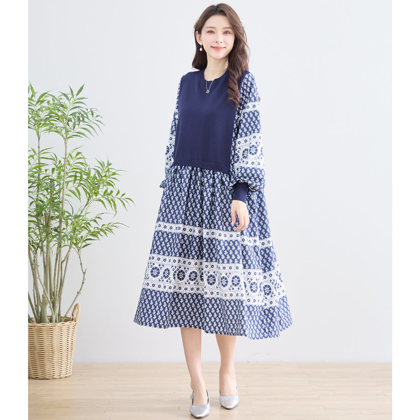 【M〜L】ニット切替 プリント デザイン ワンピース (N83-081)