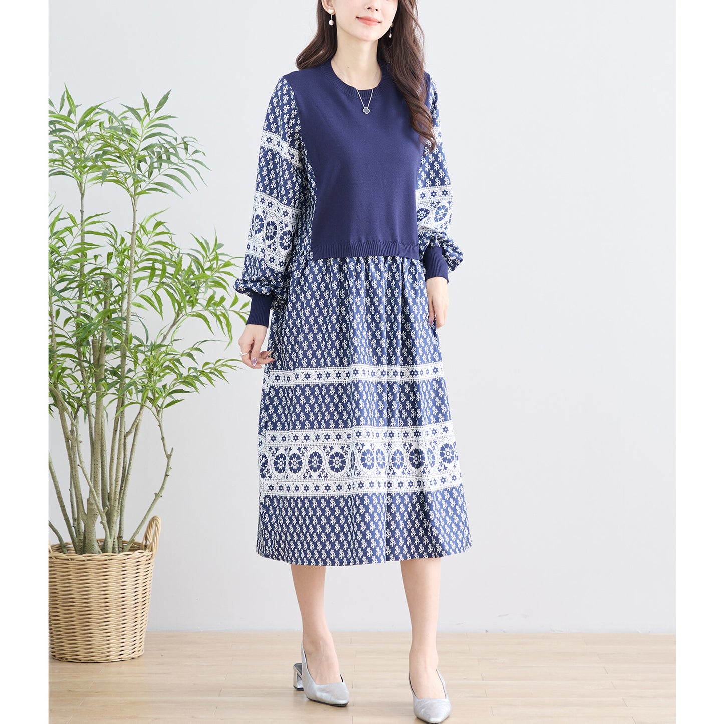 【M〜L】ニット切替 プリント デザイン ワンピース (N83-081)
