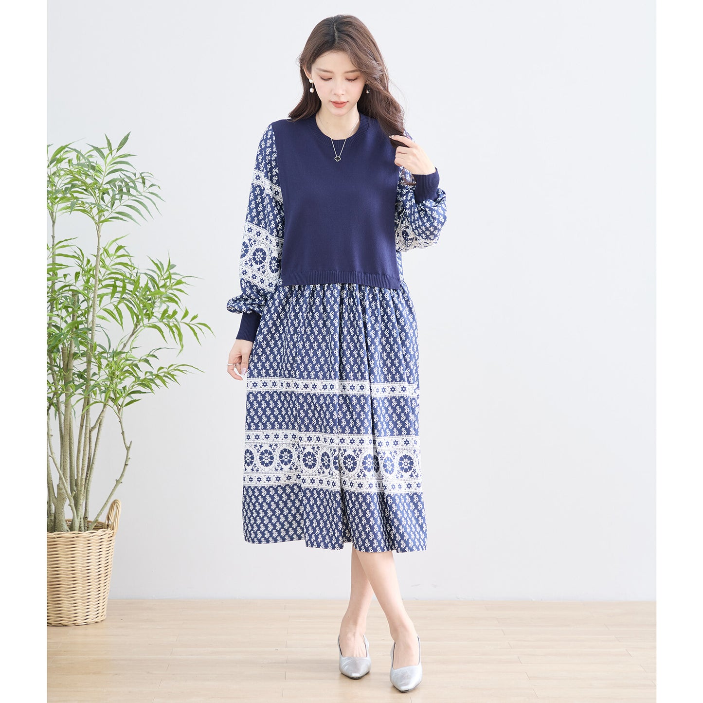 【M〜L】ニット切替 プリント デザイン ワンピース (N83-081)