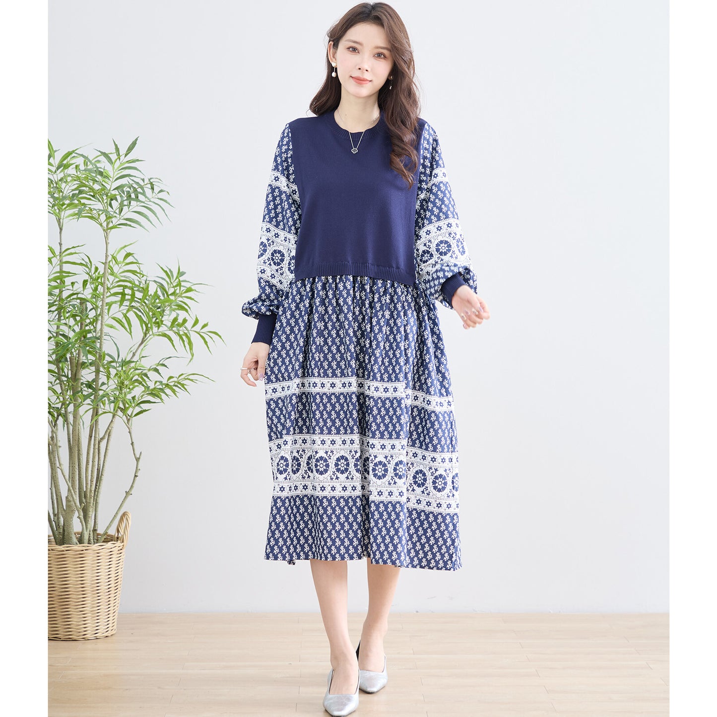 【M〜L】ニット切替 プリント デザイン ワンピース (N83-081)