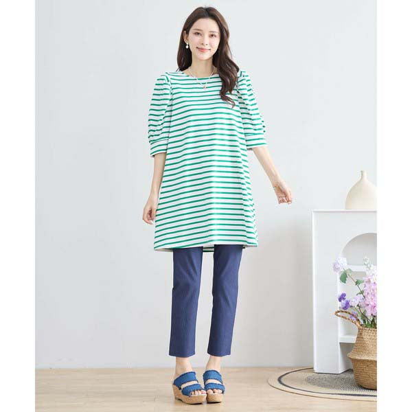 【N83-073|M〜L対応】綿ストレッチ×バックリボン|ボーダーパフ袖チュニック|春夏トップス