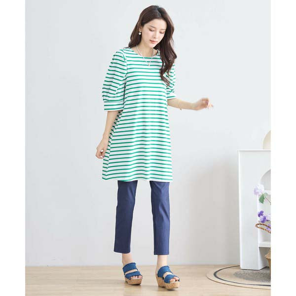 【N83-073|M〜L対応】綿ストレッチ×バックリボン|ボーダーパフ袖チュニック|春夏トップス