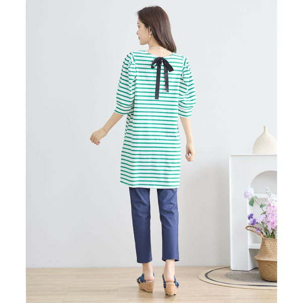【N83-073|M〜L対応】綿ストレッチ×バックリボン|ボーダーパフ袖チュニック|春夏トップス