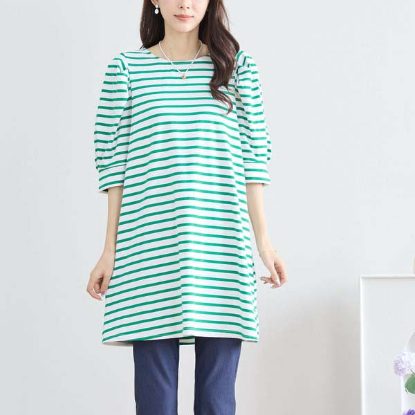【N83-073|M〜L対応】綿ストレッチ×バックリボン|ボーダーパフ袖チュニック|春夏トップス