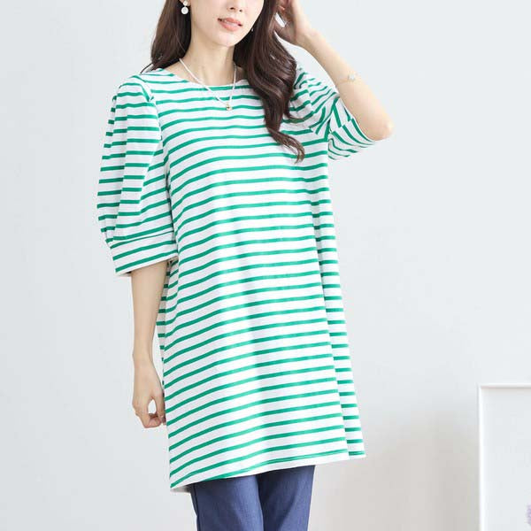 【N83-073|M〜L対応】綿ストレッチ×バックリボン|ボーダーパフ袖チュニック|春夏トップス