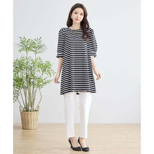 【N83-073|M〜L対応】綿ストレッチ×バックリボン|ボーダーパフ袖チュニック|春夏トップス