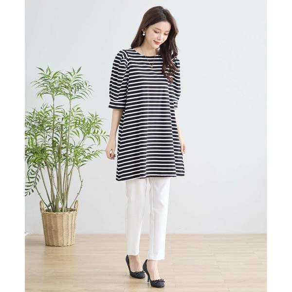 【N83-073|M〜L対応】綿ストレッチ×バックリボン|ボーダーパフ袖チュニック|春夏トップス