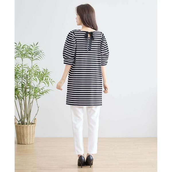 【N83-073|M〜L対応】綿ストレッチ×バックリボン|ボーダーパフ袖チュニック|春夏トップス