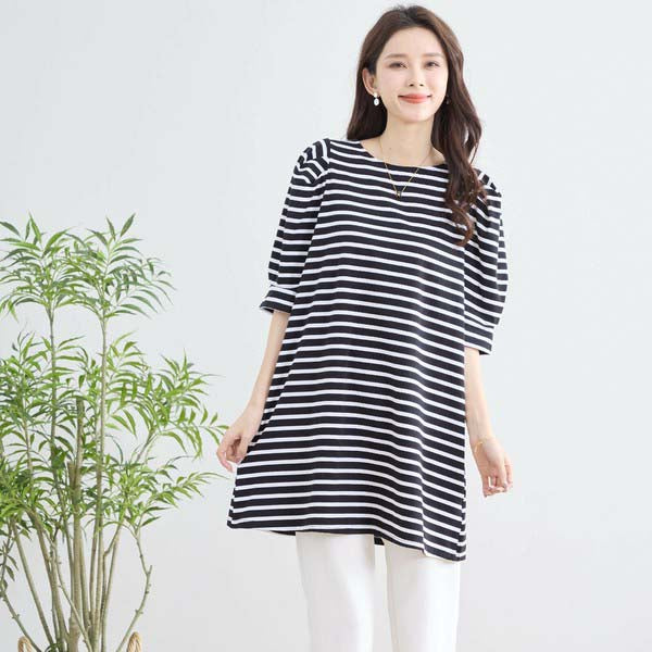 【N83-073|M〜L対応】綿ストレッチ×バックリボン|ボーダーパフ袖チュニック|春夏トップス