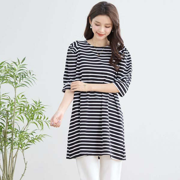 【N83-073|M〜L対応】綿ストレッチ×バックリボン|ボーダーパフ袖チュニック|春夏トップス