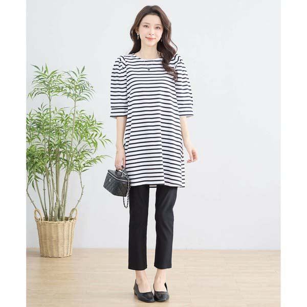 【N83-073|M〜L対応】綿ストレッチ×バックリボン|ボーダーパフ袖チュニック|春夏トップス