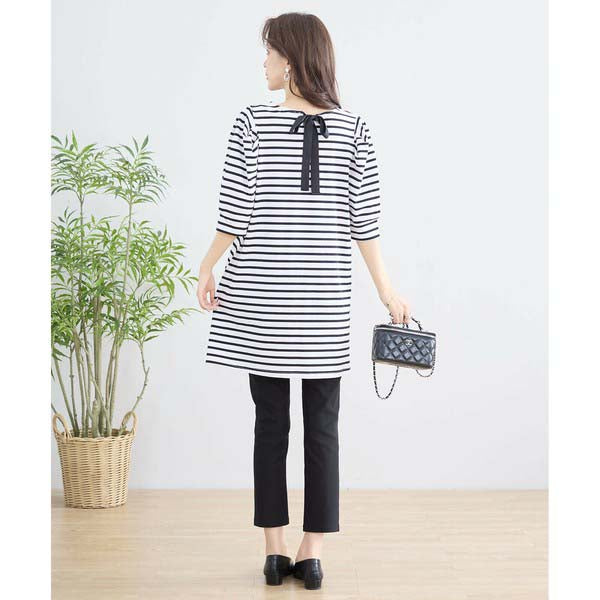 【N83-073|M〜L対応】綿ストレッチ×バックリボン|ボーダーパフ袖チュニック|春夏トップス