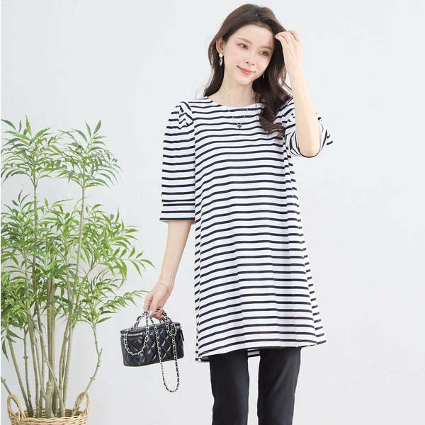 【N83-073|M〜L対応】綿ストレッチ×バックリボン|ボーダーパフ袖チュニック|春夏トップス