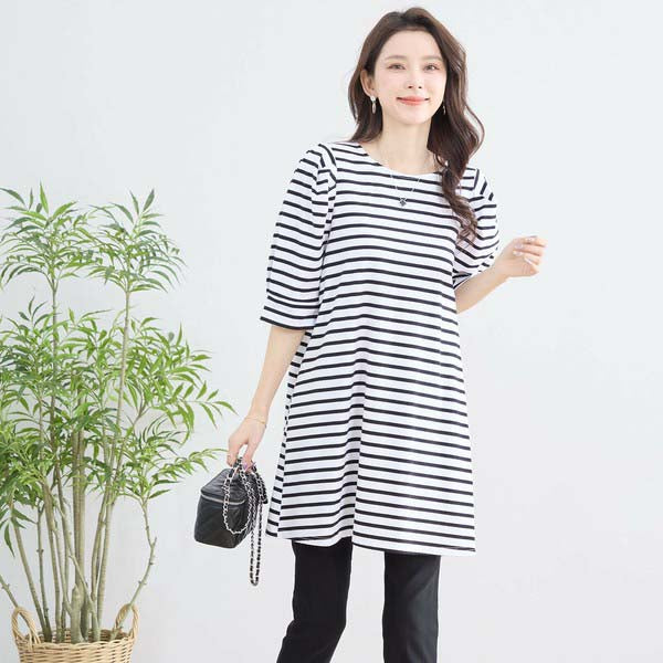 【N83-073|M〜L対応】綿ストレッチ×バックリボン|ボーダーパフ袖チュニック|春夏トップス