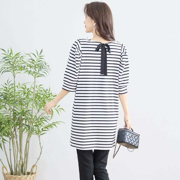 【N83-073|M〜L対応】綿ストレッチ×バックリボン|ボーダーパフ袖チュニック|春夏トップス