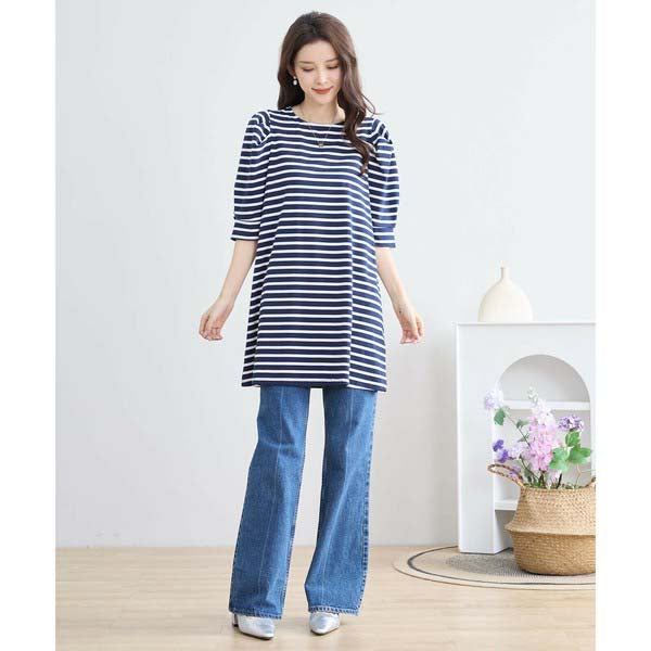 【N83-073|M〜L対応】綿ストレッチ×バックリボン|ボーダーパフ袖チュニック|春夏トップス