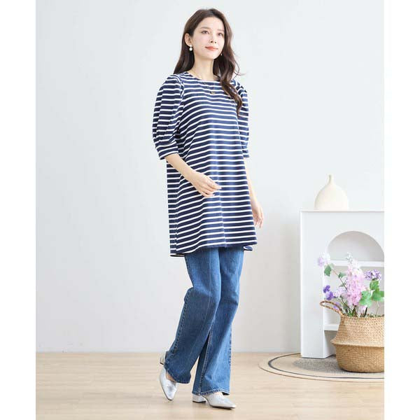 【N83-073|M〜L対応】綿ストレッチ×バックリボン|ボーダーパフ袖チュニック|春夏トップス