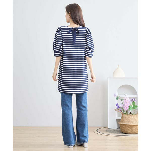【N83-073|M〜L対応】綿ストレッチ×バックリボン|ボーダーパフ袖チュニック|春夏トップス