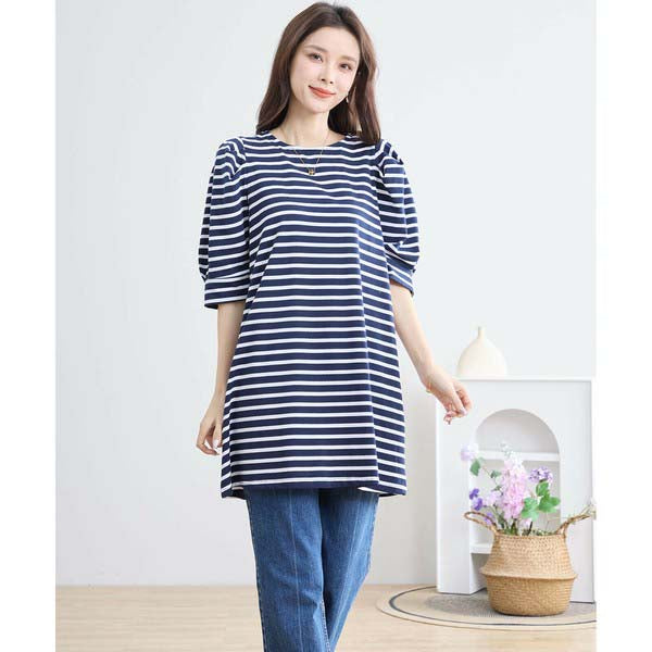 【N83-073|M〜L対応】綿ストレッチ×バックリボン|ボーダーパフ袖チュニック|春夏トップス