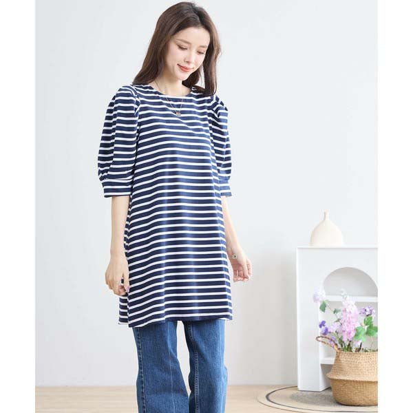 【N83-073|M〜L対応】綿ストレッチ×バックリボン|ボーダーパフ袖チュニック|春夏トップス