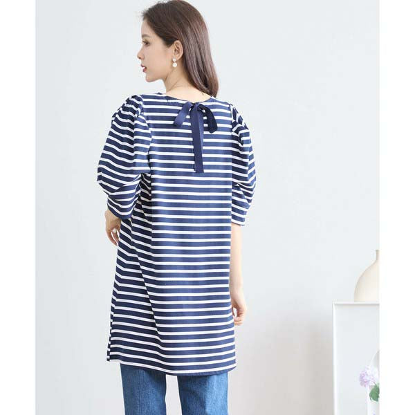 【N83-073|M〜L対応】綿ストレッチ×バックリボン|ボーダーパフ袖チュニック|春夏トップス